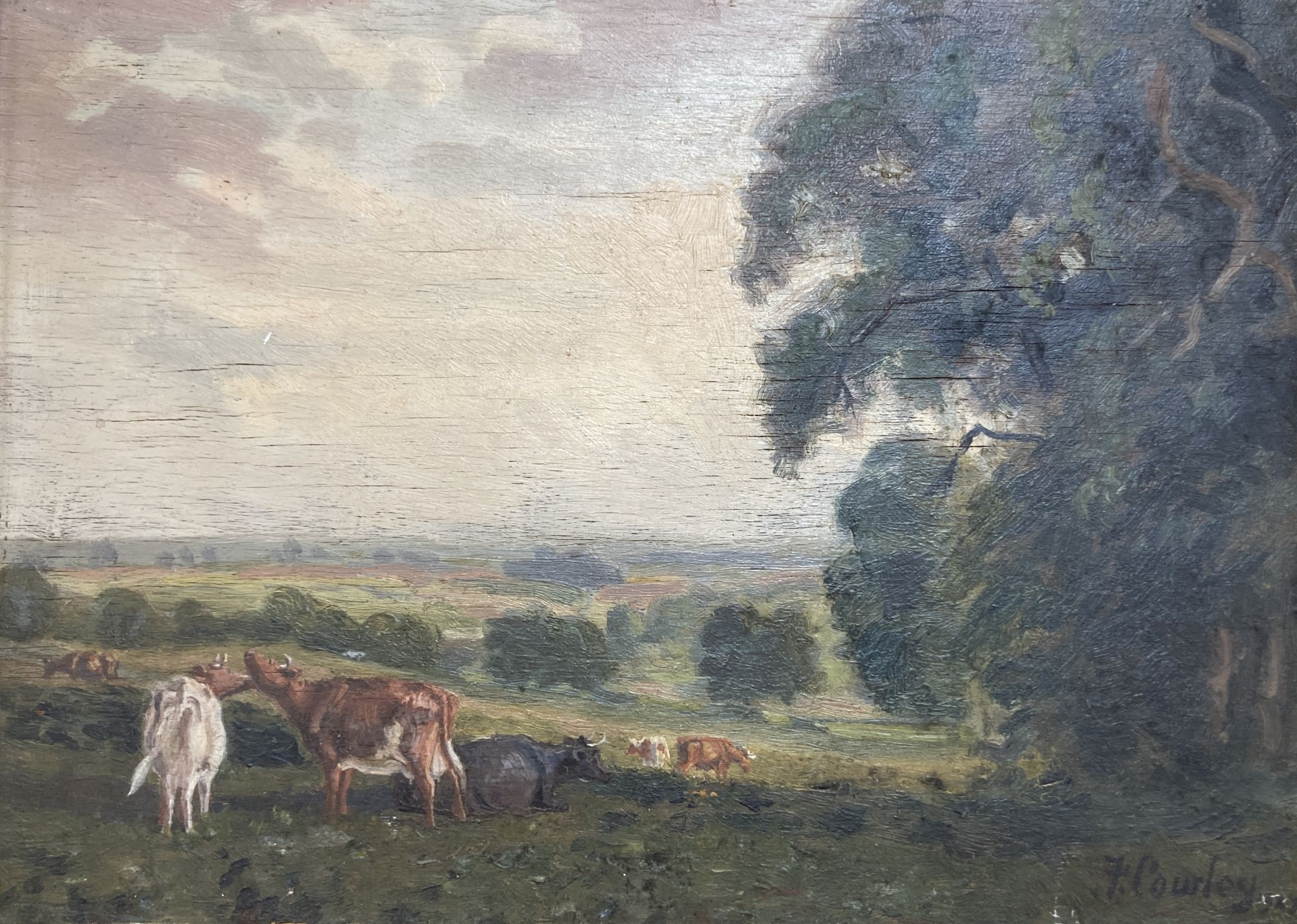 Frank Cowley (Exh.1909-1914), oil on board, Cattle in a landscape, signed, 24 x 34cm